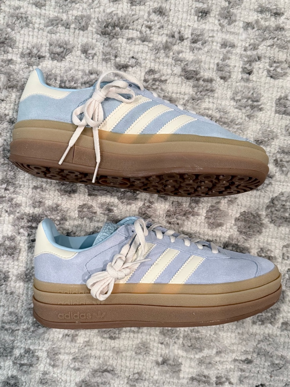 New Adidas Gazelle Bold Sneakers in Clear Sky/Cream White/Gold Metallic/Gum - Picture 7 of 8